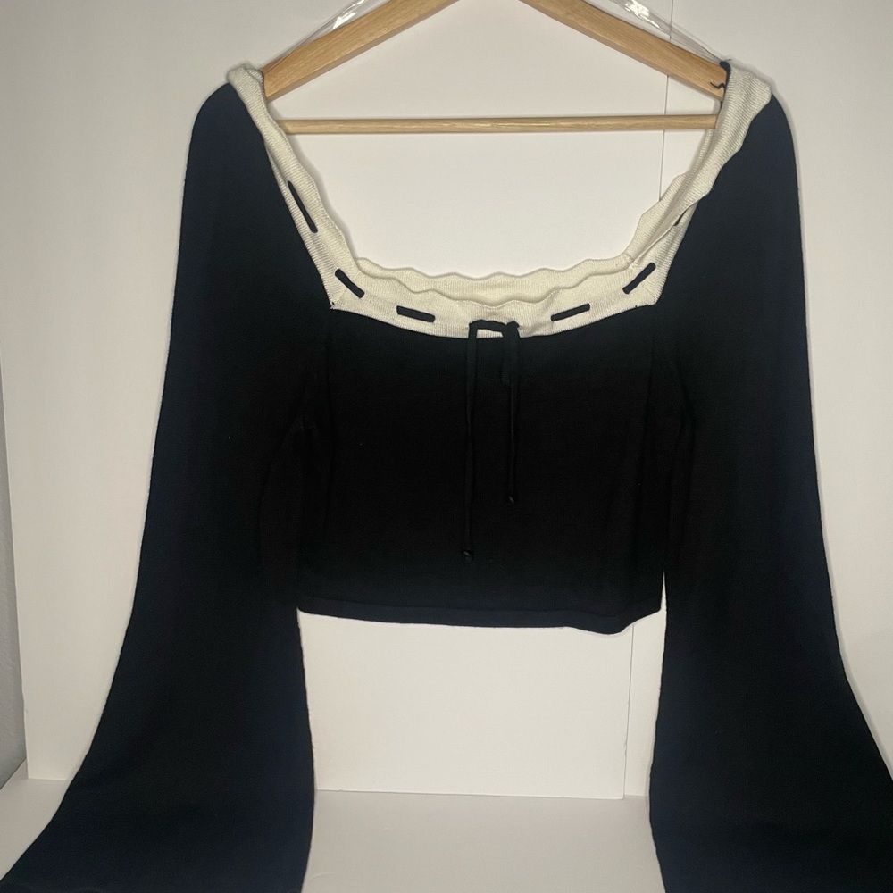 Women's Black Knit Square-Neck Top with Cream Trim